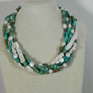 Vintage Multi-Strand Turquoise Beads with Pearls Necklace 925